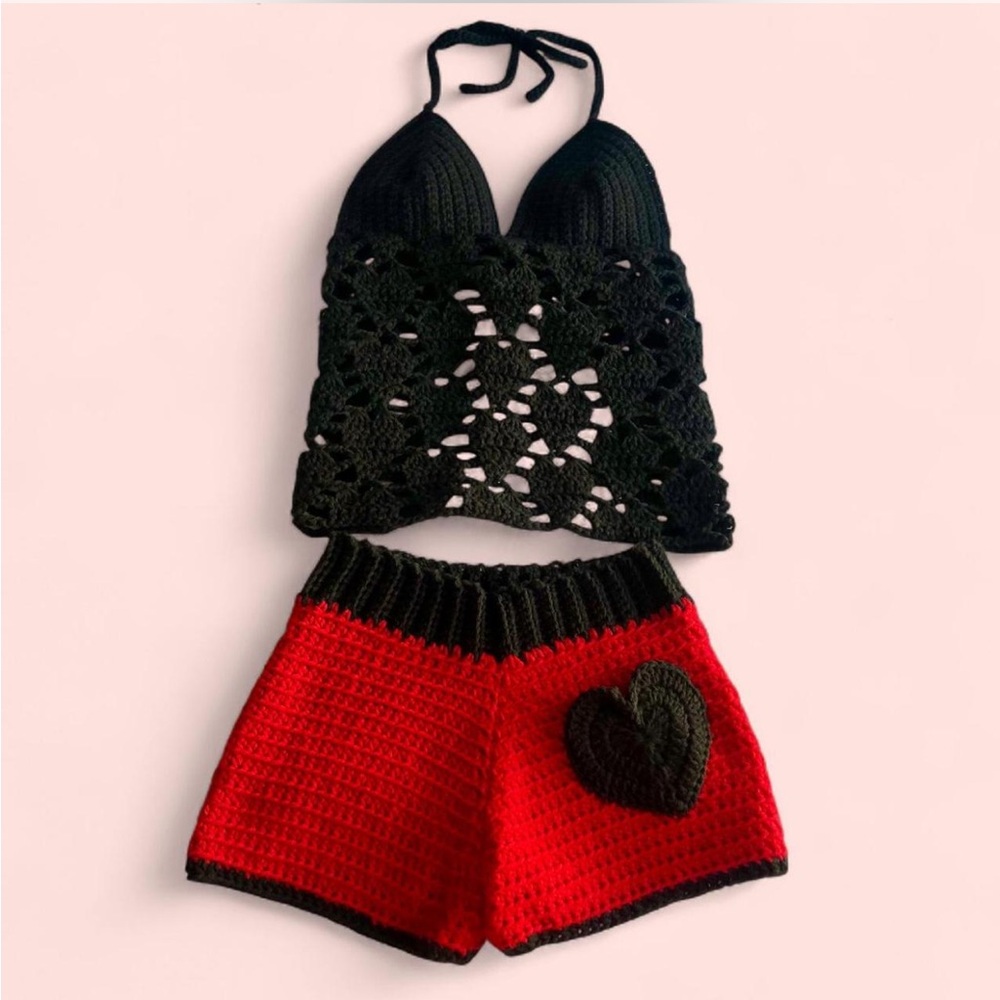 crochet red and black top and shorts 2 piece set with heart pocket HANDMADE